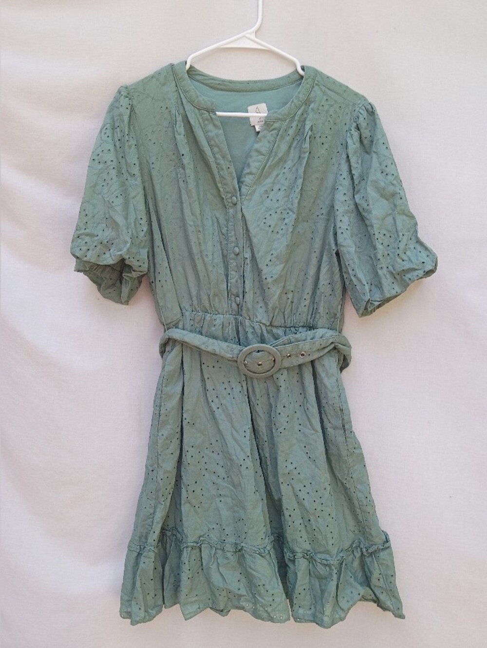Joie Sage Eyelet Embroidered Belted Mini Dress Bubble Sleeves Large 12 Preppy